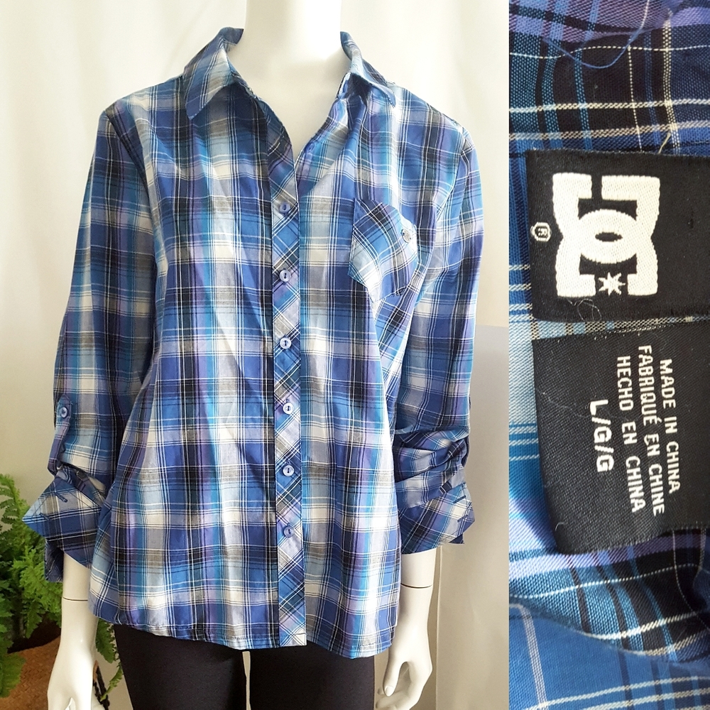 DC Flannel Plaid Shirt💜Blue-White| Lined| Roll-Up Sleeve